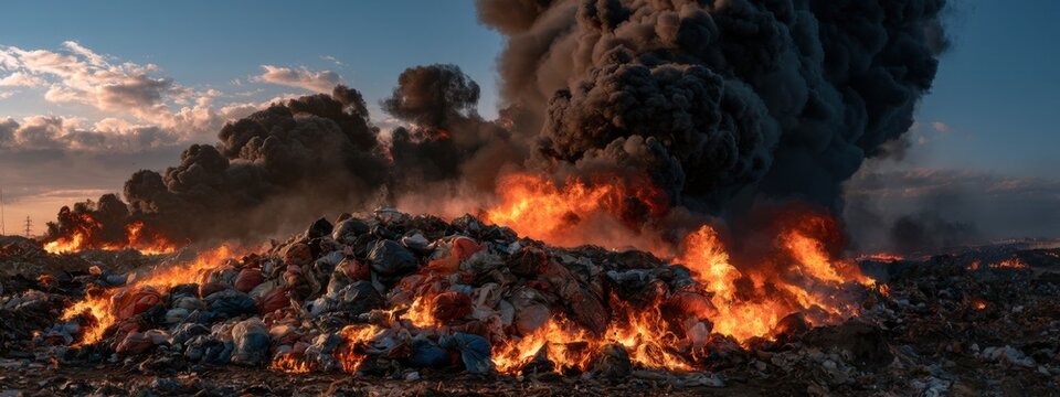 Fire at a landfill site causes thick smoke and flames during sunset in an urban area