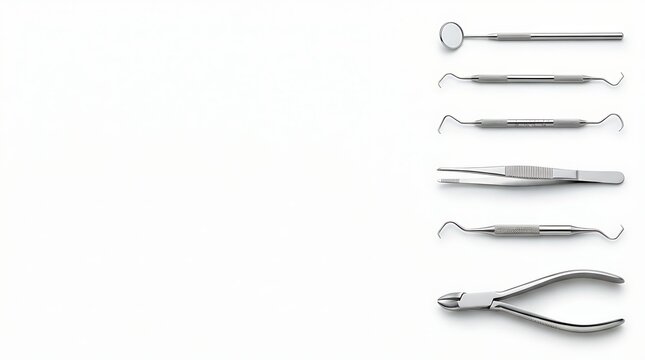 Stainless steel dental examination instruments arranged neatly in a vertical line isolated on a clean bright white studio background surface