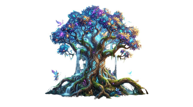 Enchanted Tree of Life: A majestic, luminous tree adorned with bioluminescent flora and whimsical butterflies, its intricate roots intertwining with cascading water and ethereal structures.