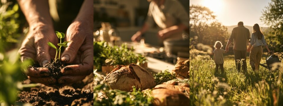 People work in a garden during the late afternoon while preparing food and enjoying time with family