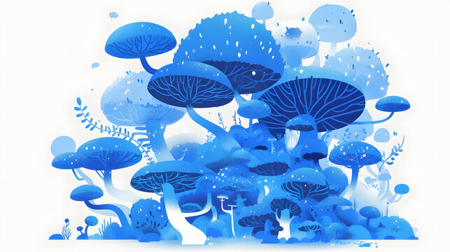 Mystical cluster of glowing blue mushrooms and fantasy fungi in a magical botanical illustration