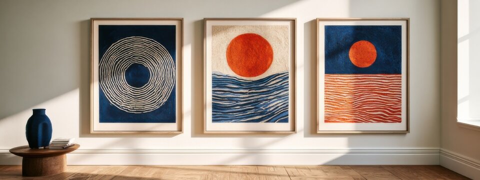 Modern art displayed in a bright room with three colorful paintings on the wall