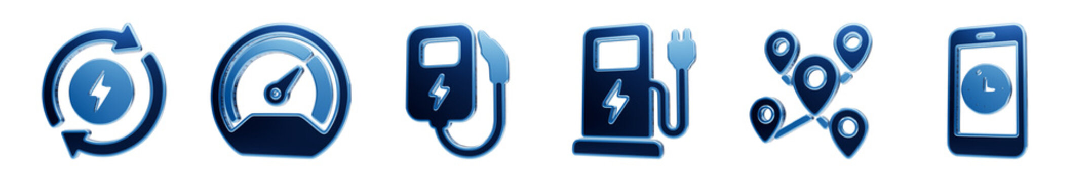 Glossy blue 3d icons featuring electric vehicle charging station energy meter and mobile location tools