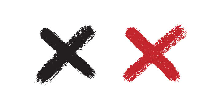 Set of black and red grunge cross marks hand drawn brush stroke wrong rejection vector illustration.
