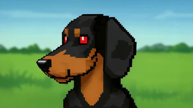 Pixel art dachshund dog standing in a green field under a blue sky, retro gaming style, playful pet scene, nostalgic digital art.