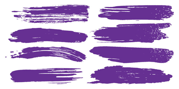 Set of purple grunge brush strokes and artistic paint smears with dry brush texture vector illustration design.