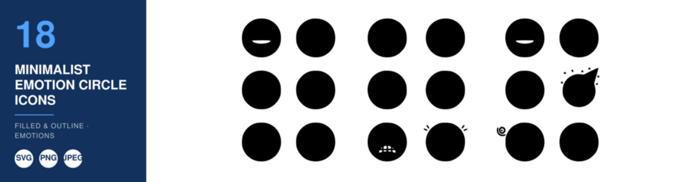 Minimalist Emotion Circle Icons Set, Filled and Outline Design. Simple Vector Graphics, Emotion Symbols