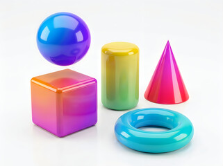 Fototapeta premium Glossy geometric shapes including sphere cube cylinder cone and torus with colorful gradient reflections on white floor.