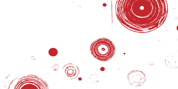 Abstract red grunge concentric circles and paint splatters distressed round texture vector illustration background.
