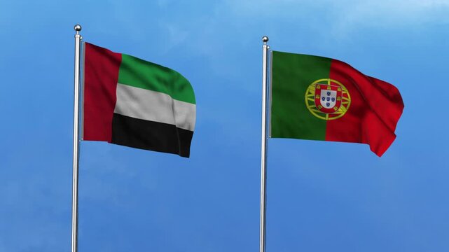 United Arab Emirates  and Portugal Waving Flags, 3D Illustration