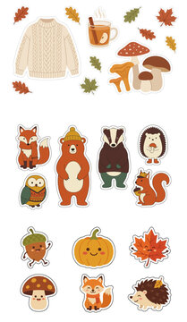 Cute autumn sticker set featuring woodland animals, cozy sweater, mushrooms, kawaii pumpkin, and falling leaves in a flat vector style for seasonal decoration