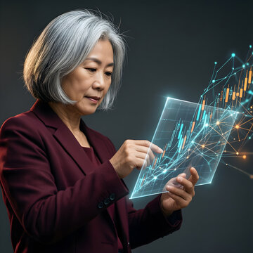 Fictional East Asian woman professional in her late sixties with a silver bob and a burgundy jacket evaluating financial risk beside branching data paths and a clear protective boundary of light; face
