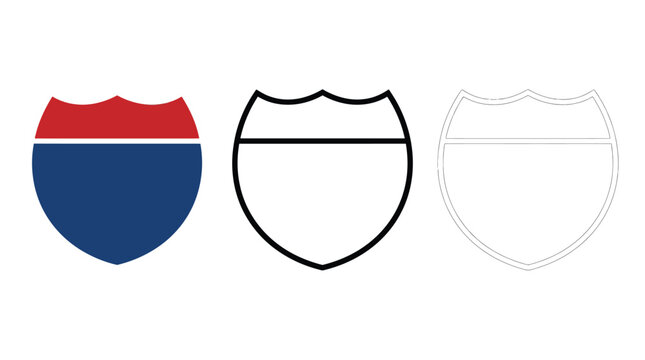 Interstate highway shield road signs shown in flat color, thick black outline, and thin line art styles for graphic design