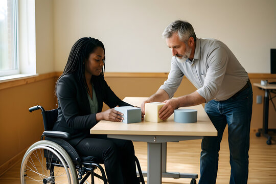 A fictional Black woman manager in her thirties using a modern manual wheelchair and a fictional white male colleague in his forties testing reach distance to three separate foam prototypes