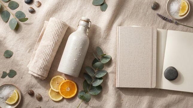 Wellness spa flat lay composition featuring skincare products towel citrus slices eucalyptus leaves and notebook wellness skincare eucalyptus