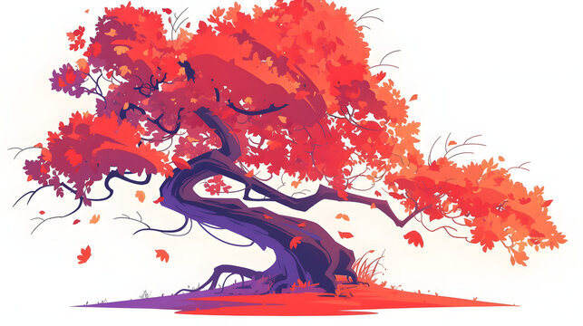 Artistic red maple bonsai tree with falling leaves in vibrant autumn colors and gnarled trunk