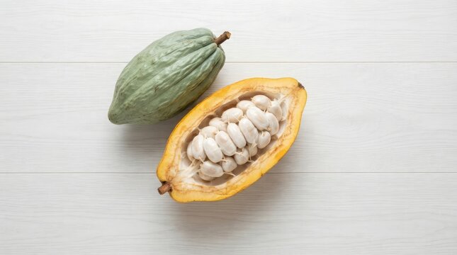 Top view of a whole green cacao pod next to a halved yellow cocoa fruit revealing raw fresh white pulp beans on a light wooden background