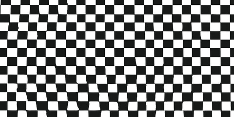 Naklejka premium Distorted wavy checkerboard pattern background with warped black and white optical grid vector illustration.