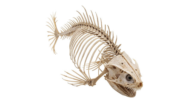 Detailed dry fish skeleton bone structure isolated on transparent background for biology zoology marine anatomy education.