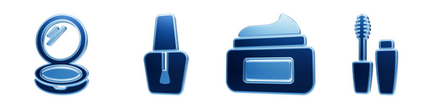 Set of blue cosmetic icons including compact powder, nail polish, face cream, and mascara for beauty and makeup concepts