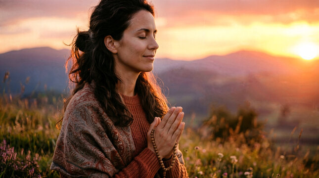 Peaceful woman praying quietly outdoors facing beautiful mountain sunset
