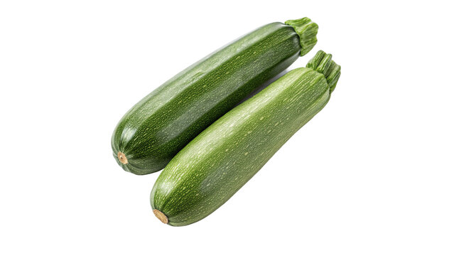 Two fresh green zucchini summer squash vegetables isolated on transparent background for healthy organic culinary diet recipes.
