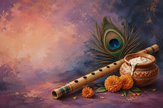 Krishna janmashtami festive background with lord krishna flute peacock feather butter pot marigold flowers and elegant copy space for devotional celebration artwork