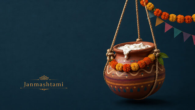 Krishna janmashtami festive background featuring lord krishna hanging butter pot marigold garland and traditional indian decorations with generous copy space for celebration