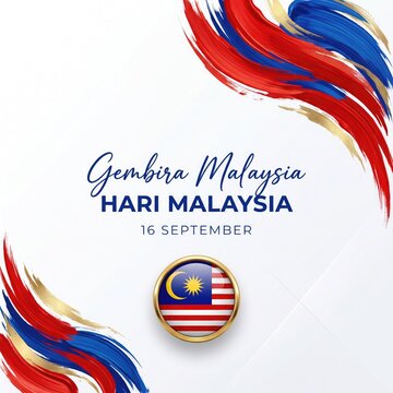 Selamat hari malaysia national day greeting banner background with waving flag and badge emblem vector illustration design