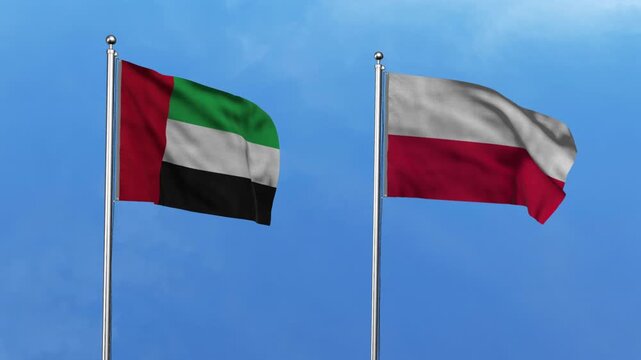 United Arab Emirates  and Poland Waving Flags, 3D Illustration