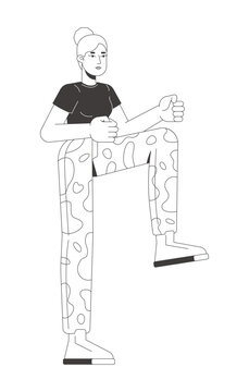 Female soldier performing high knee exercise line art character. Military fitness training. Army woman recruit cardio workout isolated vector outline person. Black and white spot illustration