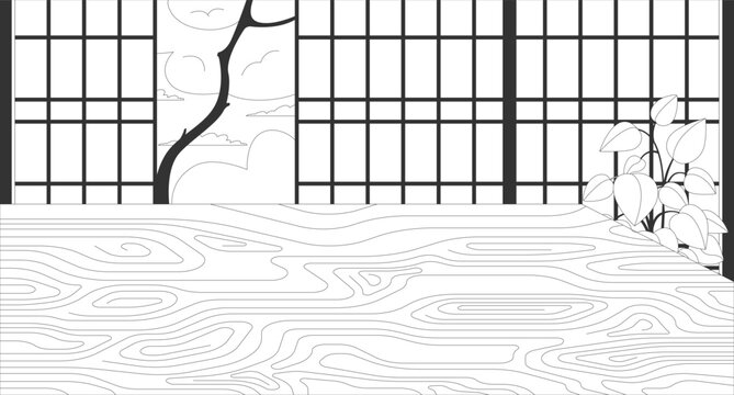 Japanese interior with wooden table and shoji screens lo-fi aesthetic linear background. Leafy plant and tree view in calm room. Dining space. Black and white illustration. Flat 2D outline artwork