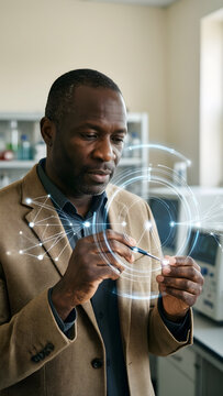 Fictional Black man professional in his mid forties with vitiligo, close-cropped hair and a sand blazer in a clean research environment, tracing a luminous connection between two data points