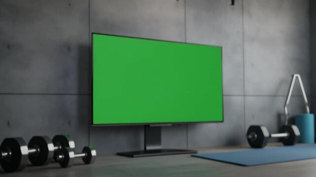 Modern Home Gym Interior Featuring a Large Television Screen with a Chroma Key Green Background for Fitness Workouts