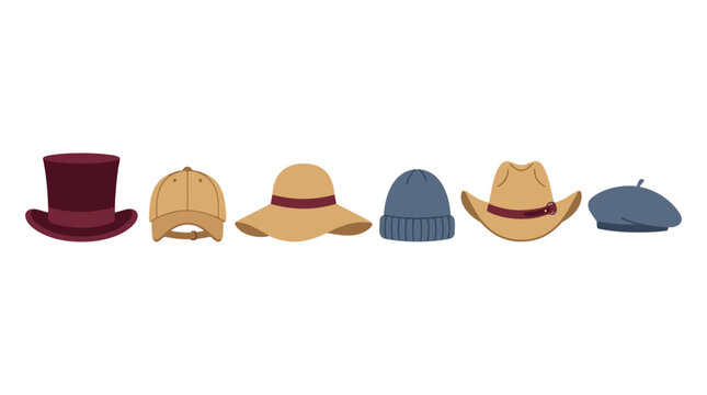 Various colorful headwear items collection including top hat baseball cap sun hat beanie cowboy hat and beret vector graphic illustration