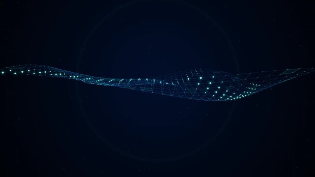 Blue digital mesh wave animation of glowing grid network floating in dark futuristic cyber space