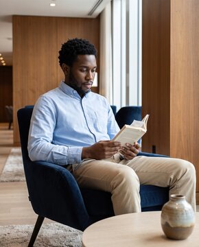 Generative AI, Young African American man reading a book in modern lounge