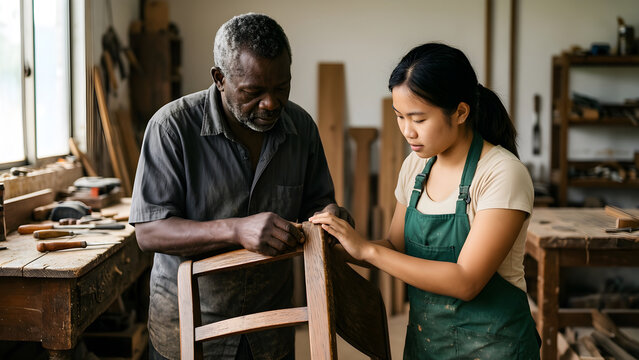 A fictional Black male furniture restorer in his sixties and a fictional Southeast Asian woman apprentice in her twenties inspecting a worn chair joint and original wood grain for furniture reuse