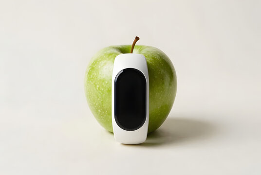 White smart fitness tracker band standing in front of a fresh green apple on white background for healthy lifestyle concept