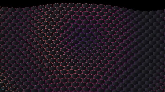 Futuristic glowing hexagonal grid wave looping background with vibrant neon orange and cyan lights