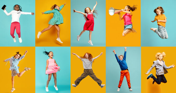 Energetic schoolchildren jump across bright colorful grid. Concept of back to school excitement, active childhood, new beginnings, student energy, and educational advertising.