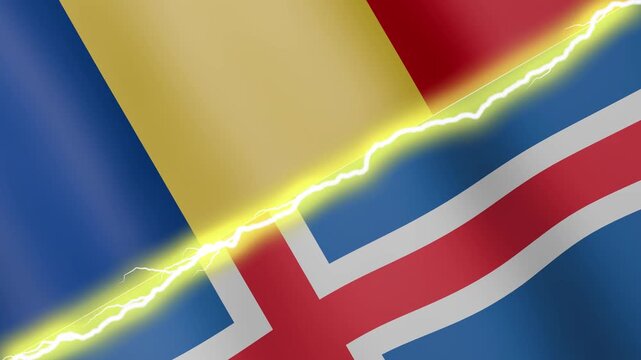 Two waving flags Romania and Iceland with diagonal lightning seamless, 4k loop