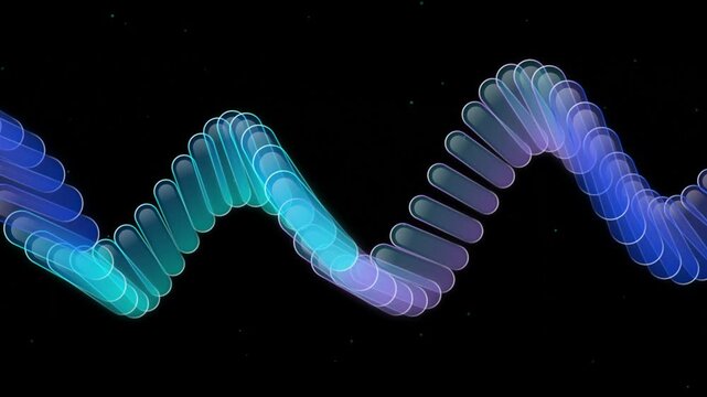 Glowing neon blue and purple wave of capsule shapes moving on dark background motion graphic