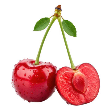 A close-up view of two ripe, glossy cherries with vibrant green stems