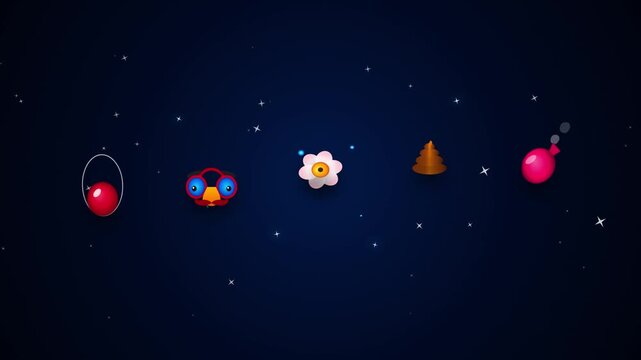 Playful cartoon vector icons floating in a dark blue starry night sky loop animation