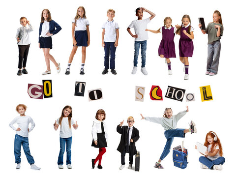 Diverse student group gathers around playful Go to School lettering. Concept of school community, inclusion, first day, friendship, education, and welcoming students back to class.