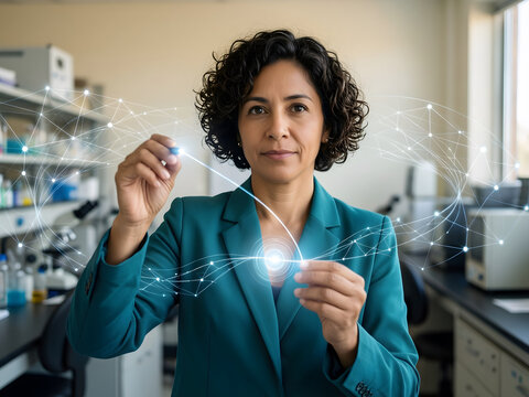 Fictional Latina woman professional in her early forties with short curls and a teal suit in a clean research environment, tracing a luminous connection between two data points, surrounded by fine