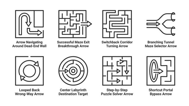Maze and Navigation Icons: A collection of simple, modern line art icons illustrating various maze structures and navigation paths, representing challenge and solutions.
