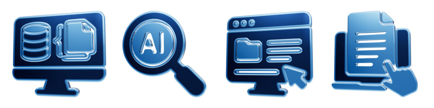 Transparent blue tech icons featuring database search and digital file management interfaces