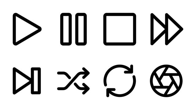 Media Playback Controls: A collection of clean, minimalist icons representing common media playback functions like play, pause, stop, forward, rewind, shuffle, repeat, and capture.